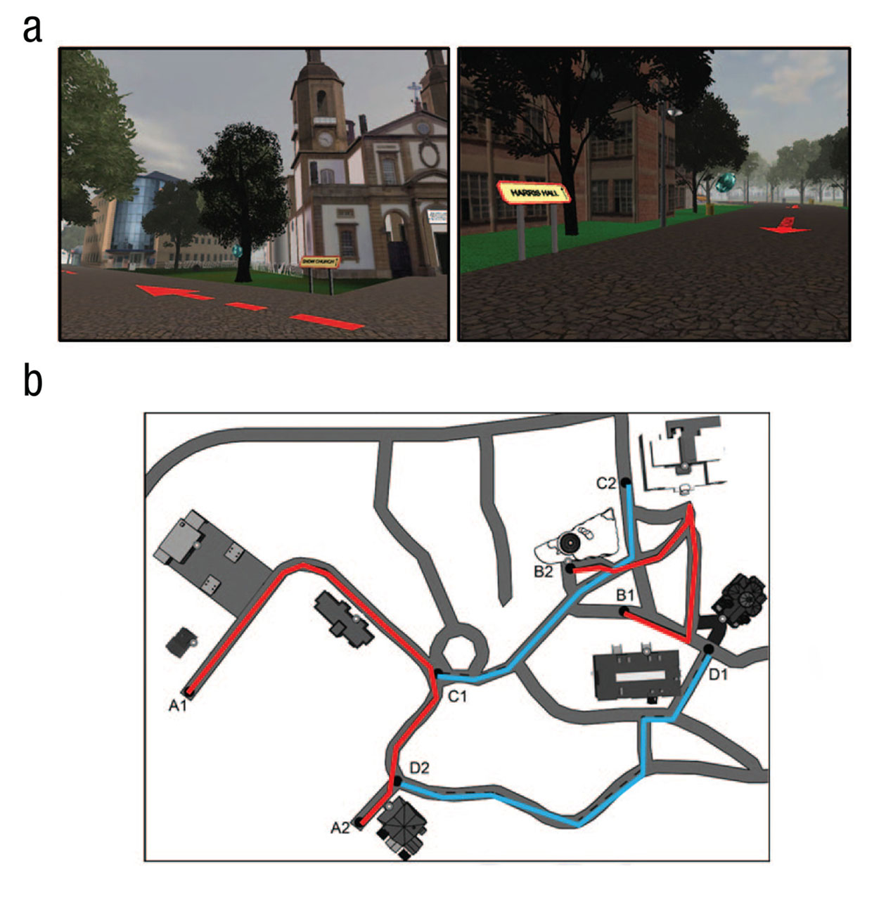 Так выглядела игра, с помощью которой проверяли навыки испытуемых. Для выполнения заданий они должны были пройти по маршрутам, выделенным красным и голубым цветом, понять, как маршруты соотносятся между собой, и запомнить расположение объектов. Карту со второй картинки участникам эксперимента не показывали. Источник: journals.sagepub.com
