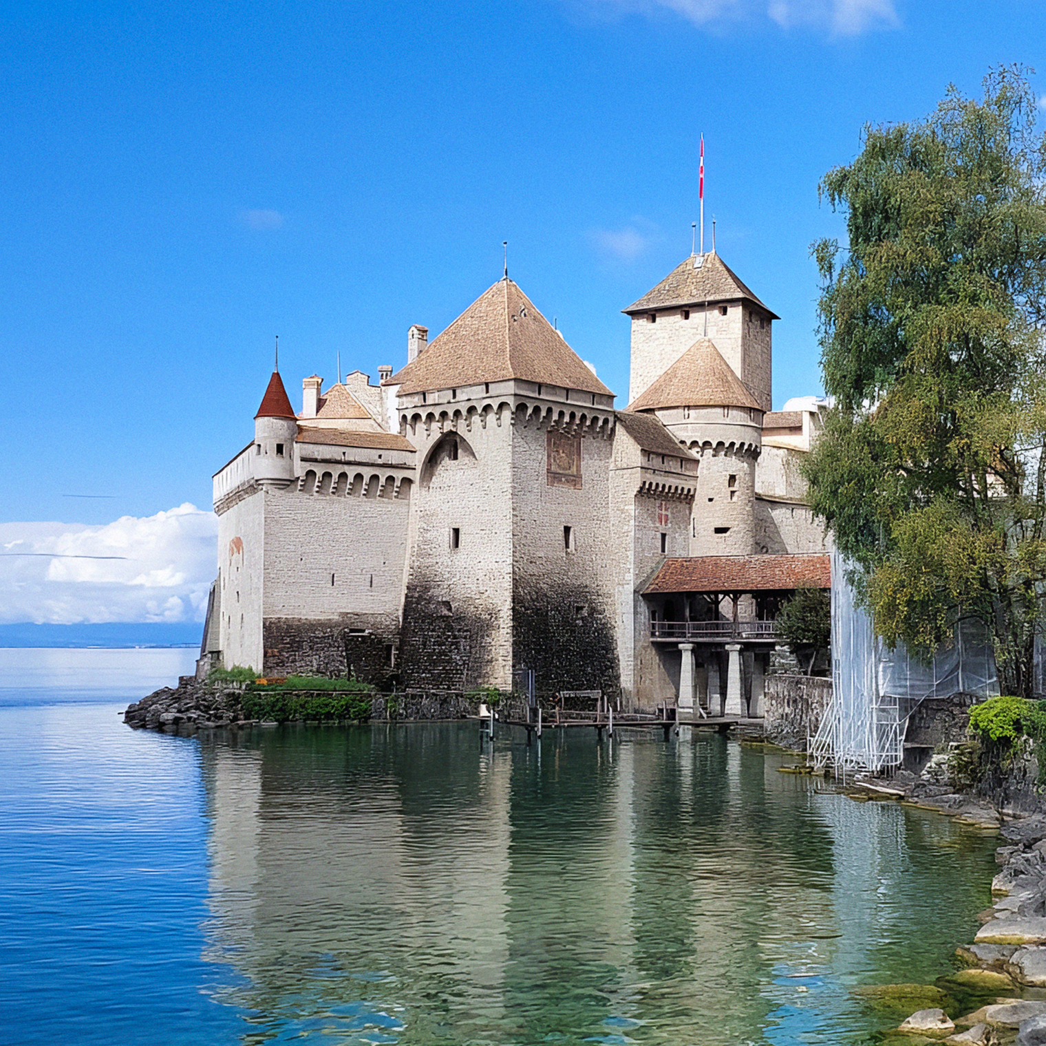 Средневековый Шильонский замок в Швейцарии, в трех километрах от города Монтре