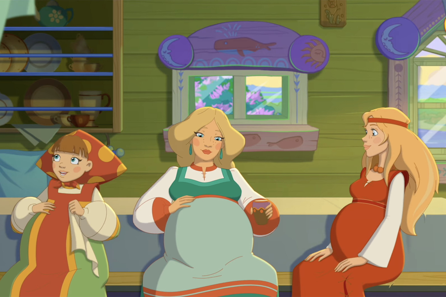 Почему-то всех трех беременных жен богатырей решили поселить в один дом