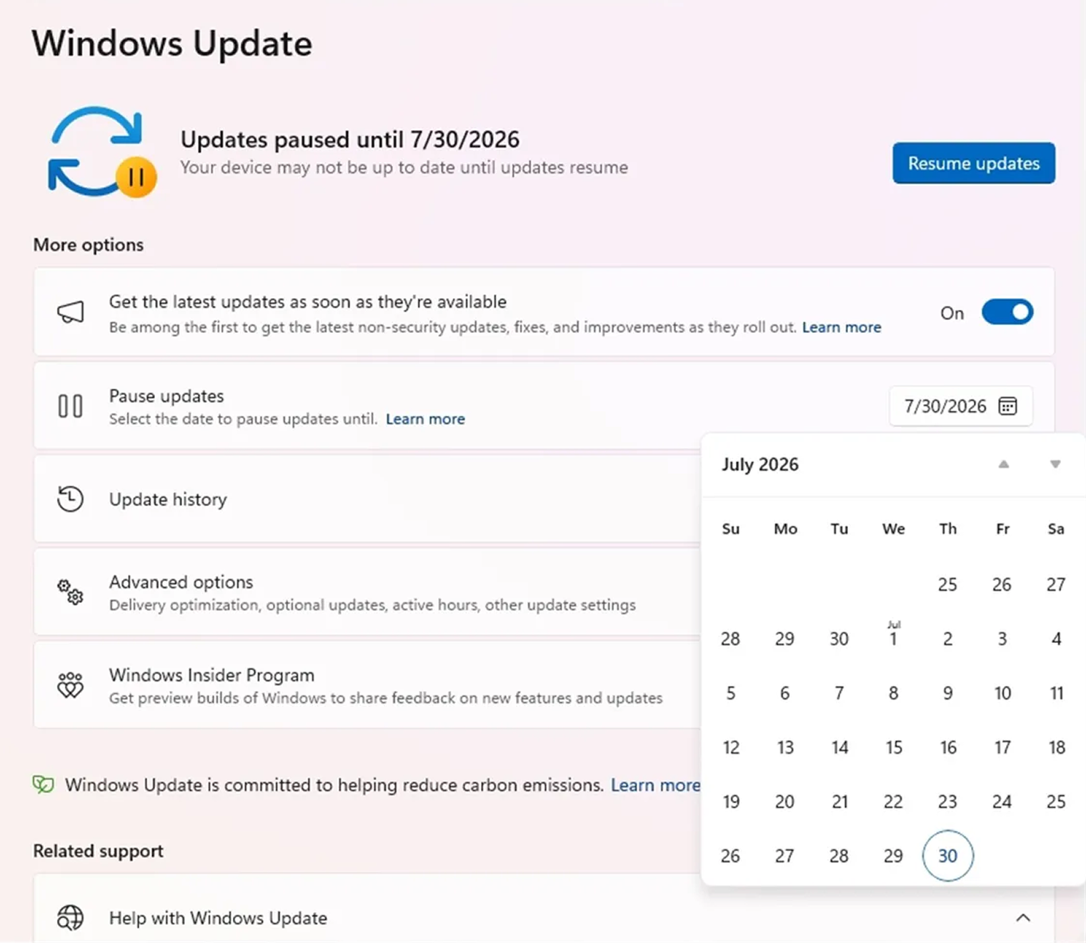 Так выглядит новая функция с отсрочкой обновлений. © windowscentral.com