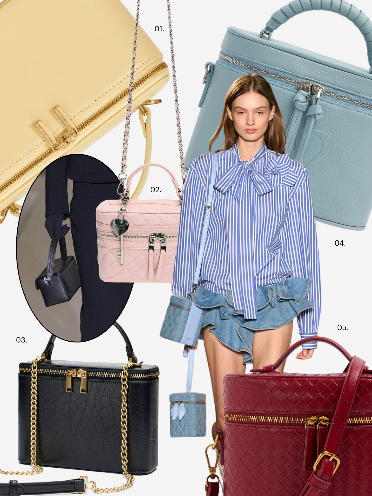 Что купить: 01 — сумка Ekonika, 26 990 ₽; 02 — сумка Zarina, 3 599 ₽; 03 — сумка Ytka, 19 900 ₽; 04 — сумка Aprell, 15 900 ₽; 05 — сумка Lime, 5 599 ₽