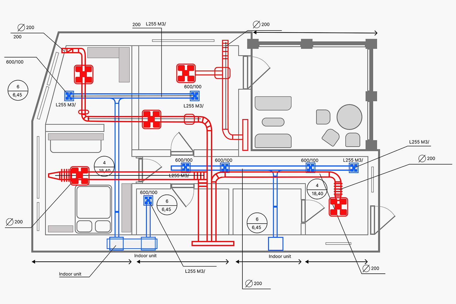 Пример схемы приточно-вытяжной системы в квартире. Приток обычно стараются делать в жилые помещения, а вытяжку — в коридорах, санузлах и технических помещениях. © FOTOGRIN / Shutterstock / FOTODOM