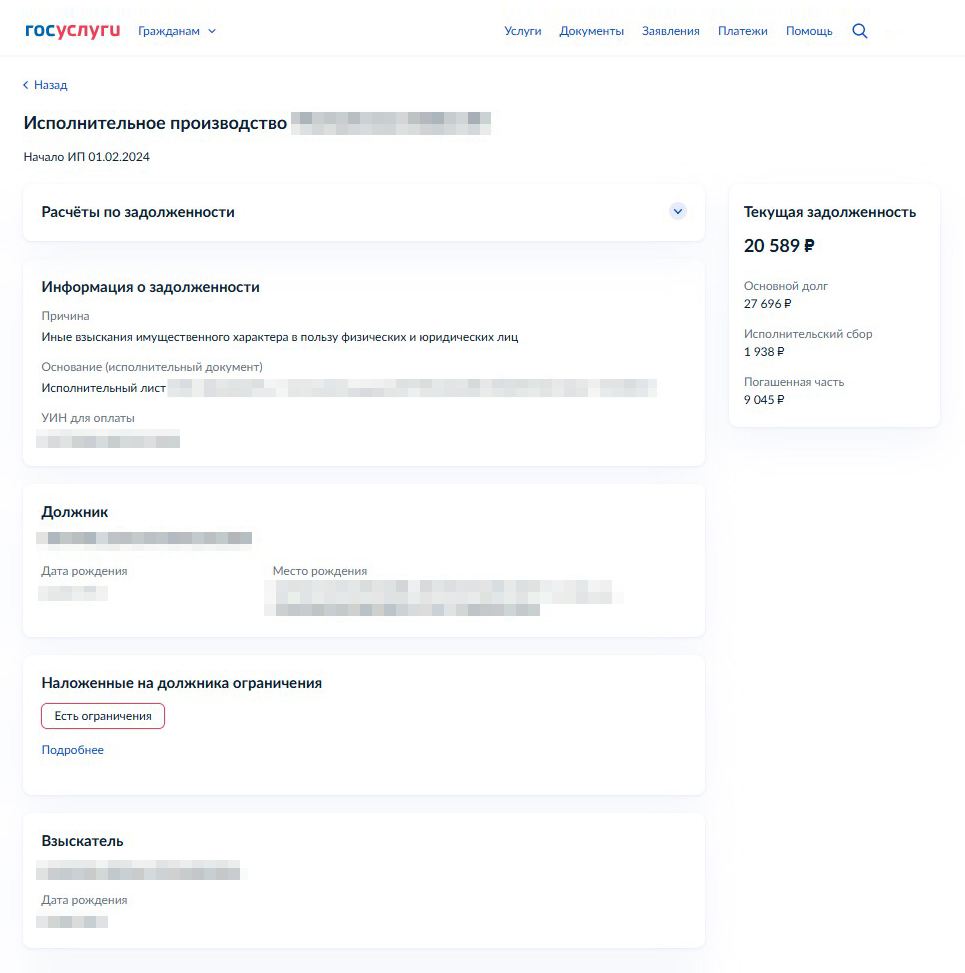 На госуслугах отражается информация по исполнительному производству: номер, данные должника, наложенные на него ограничения