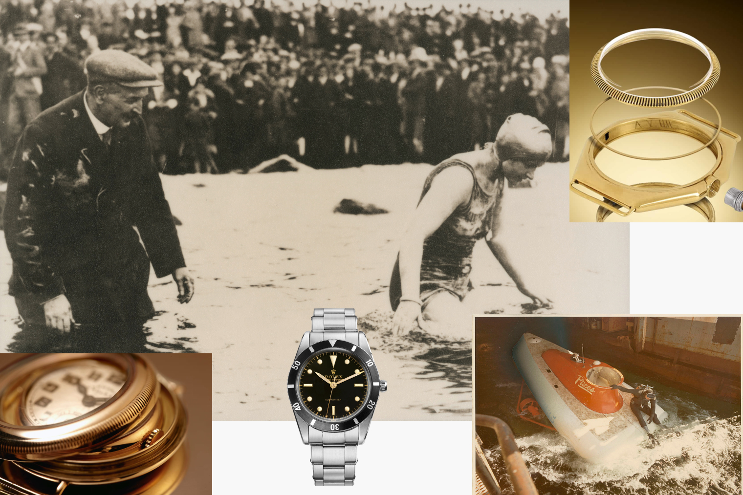 Архивные фотографии Rolex: конструкция первой влагостойкой модели Submarine 1922 года; Мерседес Гляйтце в часах Rolex Submarine в 1927 году; конструкция корпуса Oyster; 1953 год: модель тестировали, прикрепляя часы снаружи субмарин. Фотографии: Rolex / Le Studio Production, Rolex