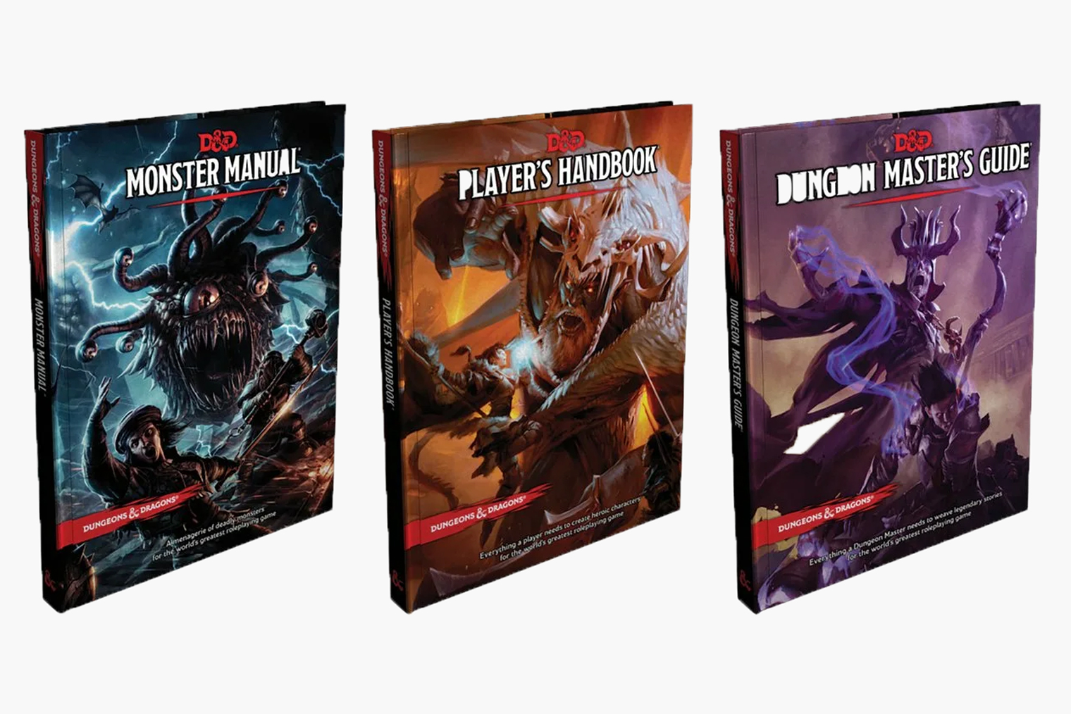 Три основные книги пятой редакции: руководство по монстрам, отдельные книги правил для игрока и мастера. Источник: Wizards of the Coast