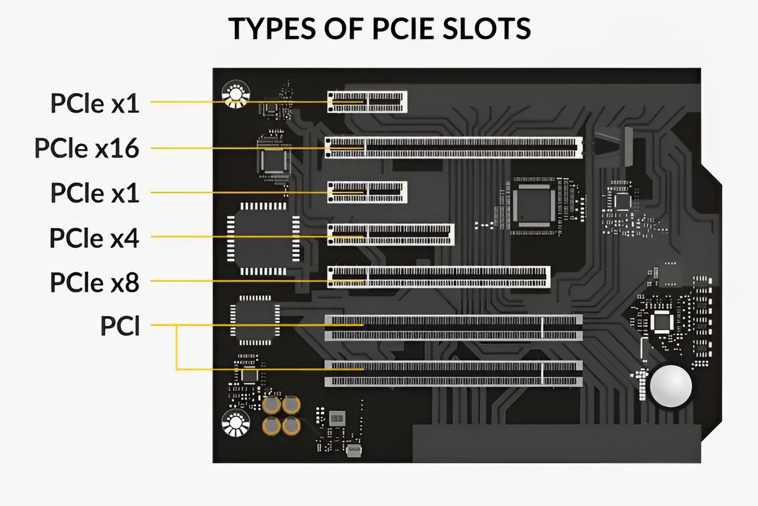 Всего в ходу четыре размера PCIe-слота: ×1, ×4, ×8 и ×16. Источник: electronicshub.org