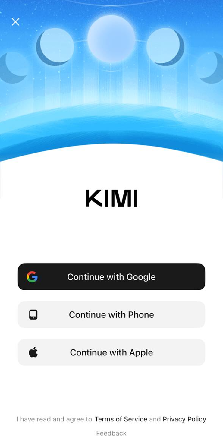 Окно с вариантами входа в мобильном приложении Kimi