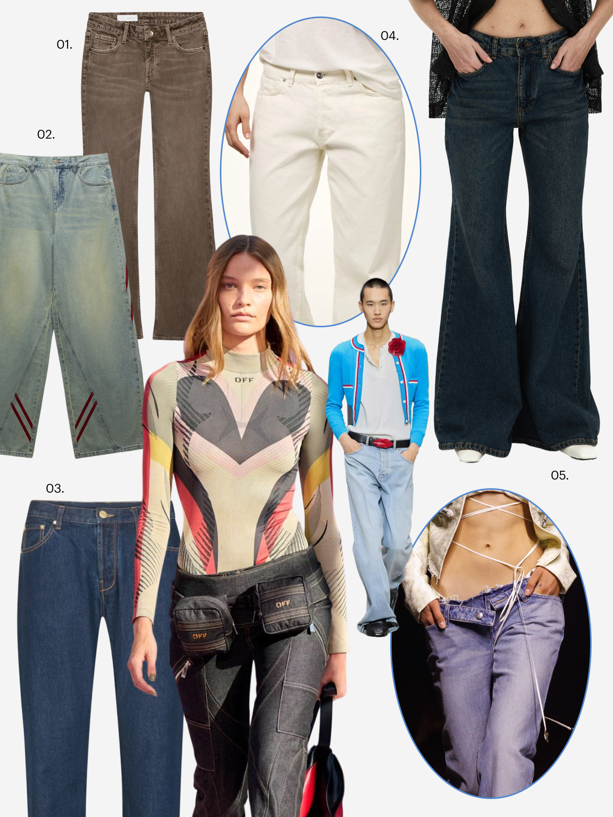 На фешен-шоу мелькали расклешенные карго-модели, как у Off-White, и варианты, едва прикрывающие тазовую кость, как у McQueen и Fiorucci. Что купить: 01 — джинсы Zara, 11 790 ₽; 02 — джинсы Befree, 3 799 ₽; 03 — джинсы Han Kjobenhavn, 16 190 ₽; 04 — джинсы M’studio, 10 500 ₽; 05 — джинсы Tiu, 6 450 ₽