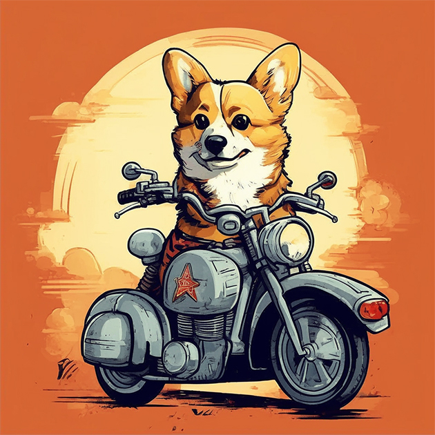 Корги на мотоцикле в стиле советского мультфильма