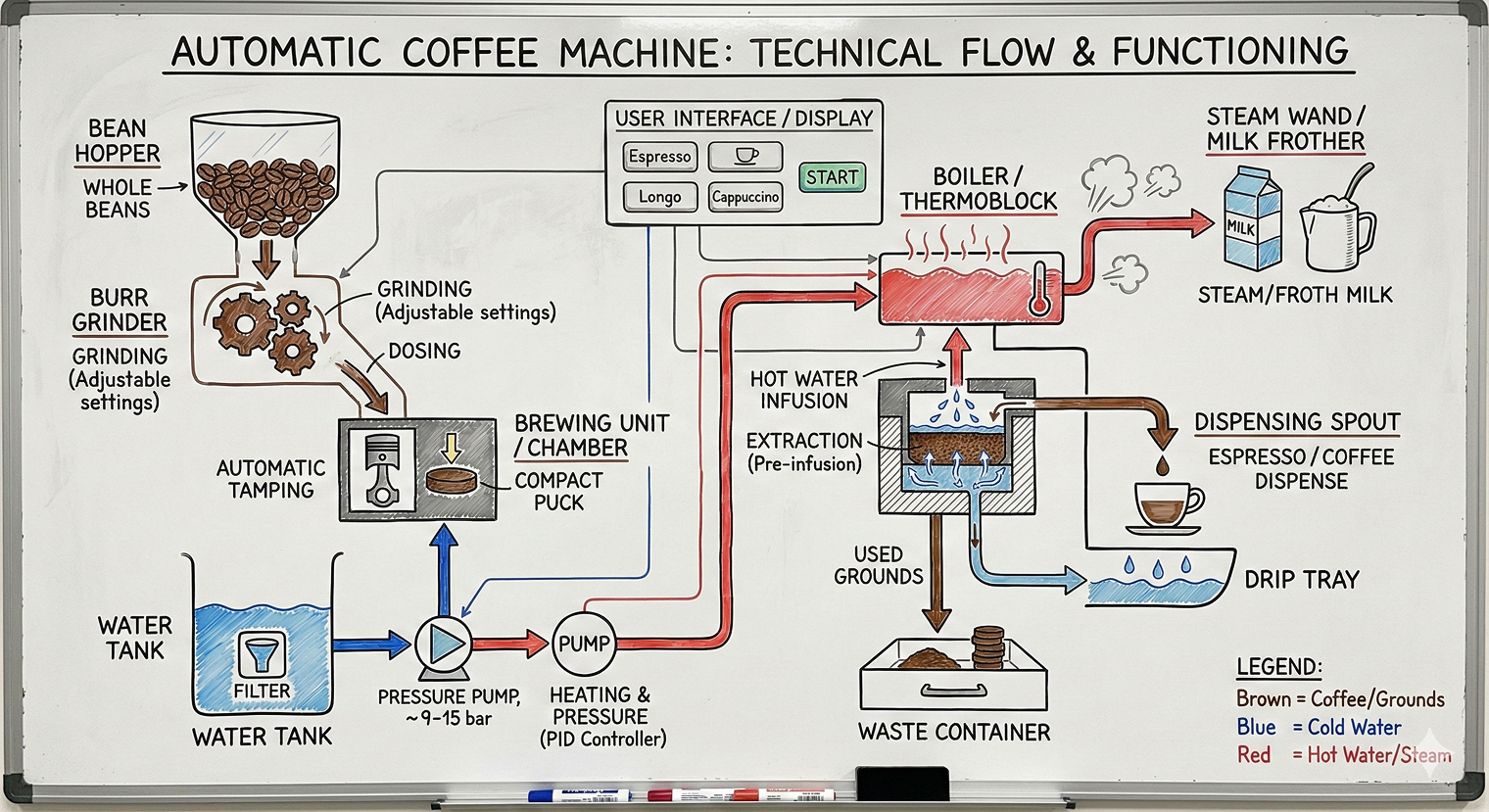 Схема работы автоматической кофеварки, нарисованная маркерами на белой доске