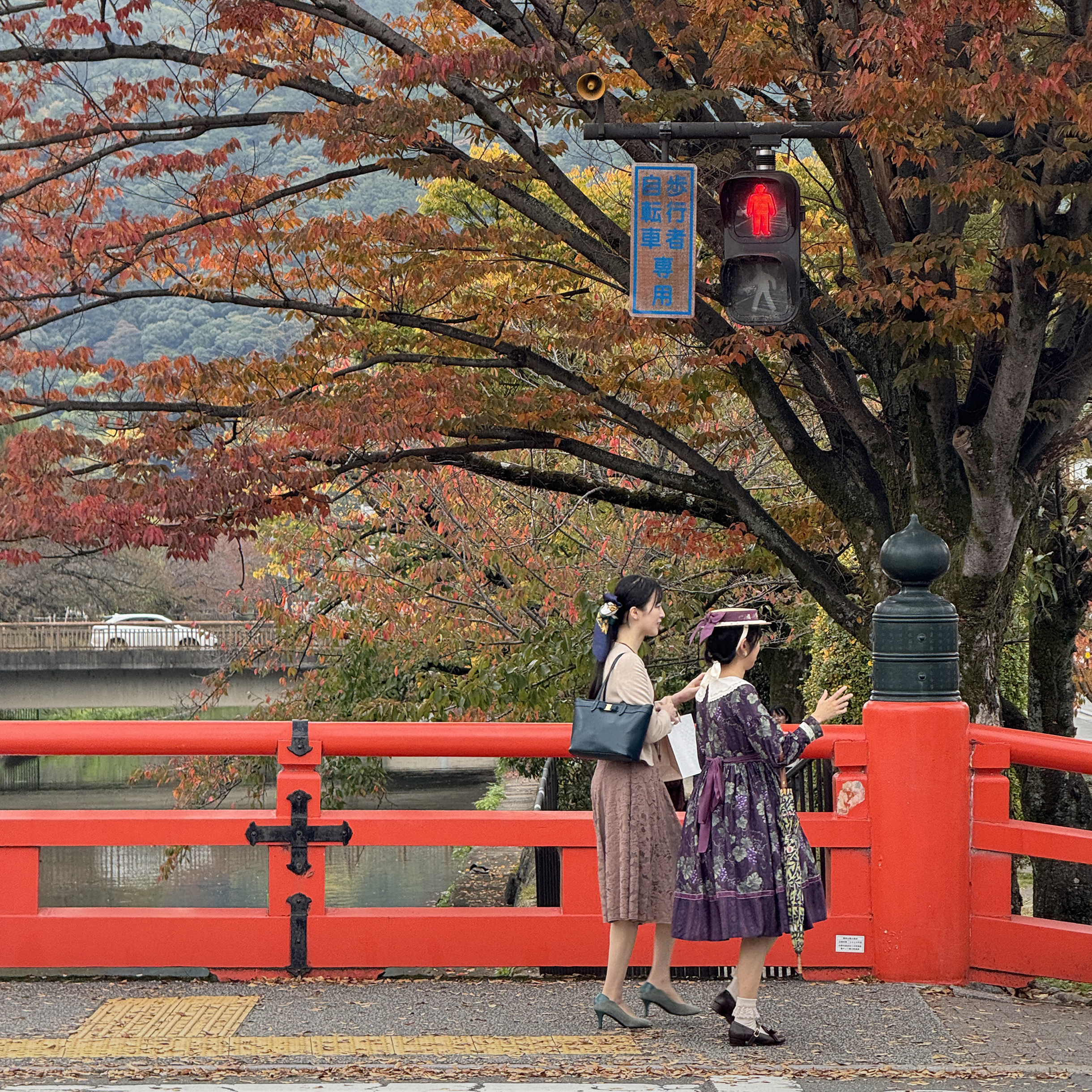 Наземный переход недалеко от храма Хэйан в Киото. В тот день в центре было много людей в традиционных или просто ярких одеждах в честь праздника Сити-го-сан. По традиции, многие семьи с детьми приходят к синтоистским храмам и делают фотографии — таким образом отмечают взросление детей трех, пяти и семи лет