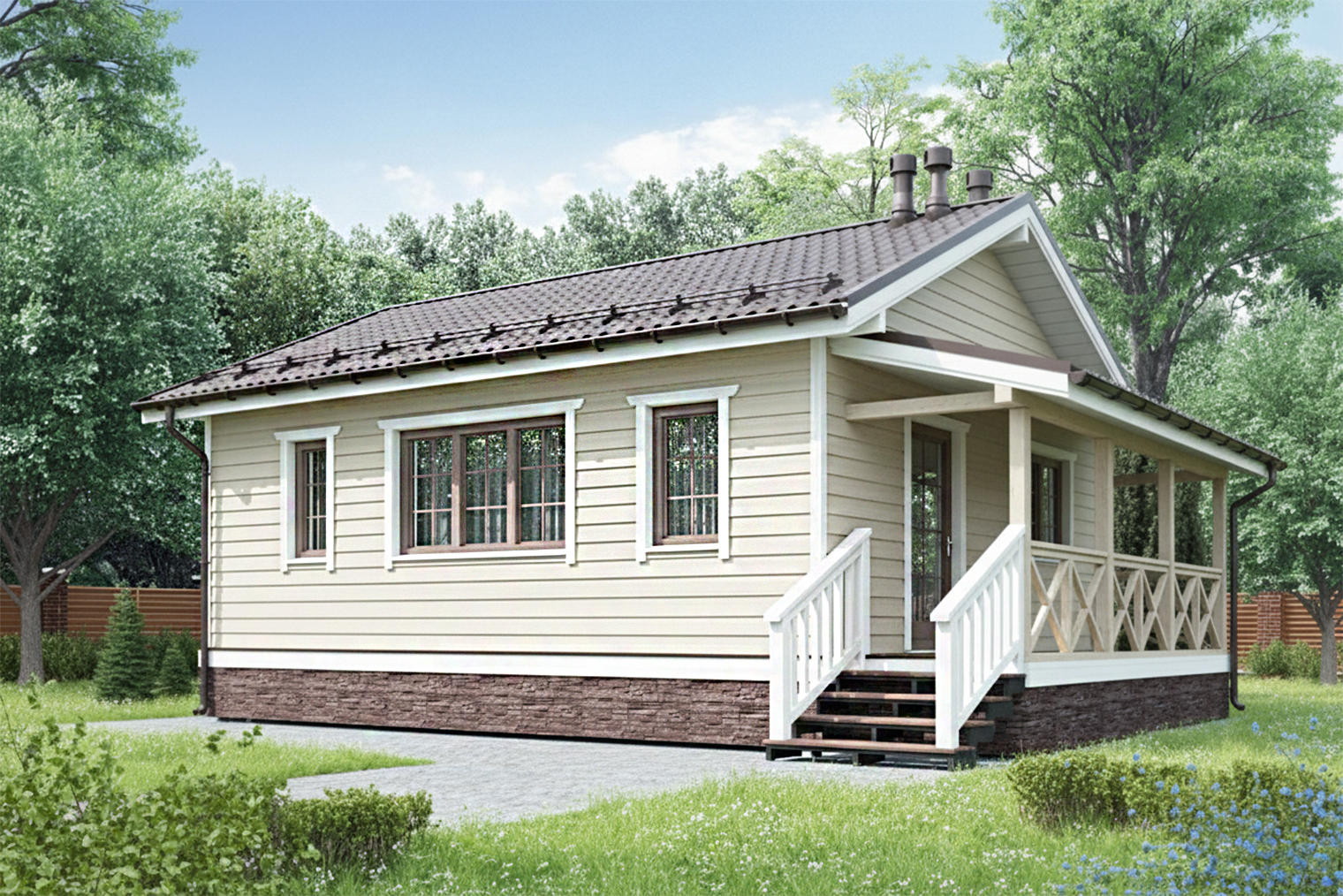 Примерный вариант с верандой, только входную дверь нужно сдвинуть чуть левее. Сгенерированное изображение: Nano Banana AI