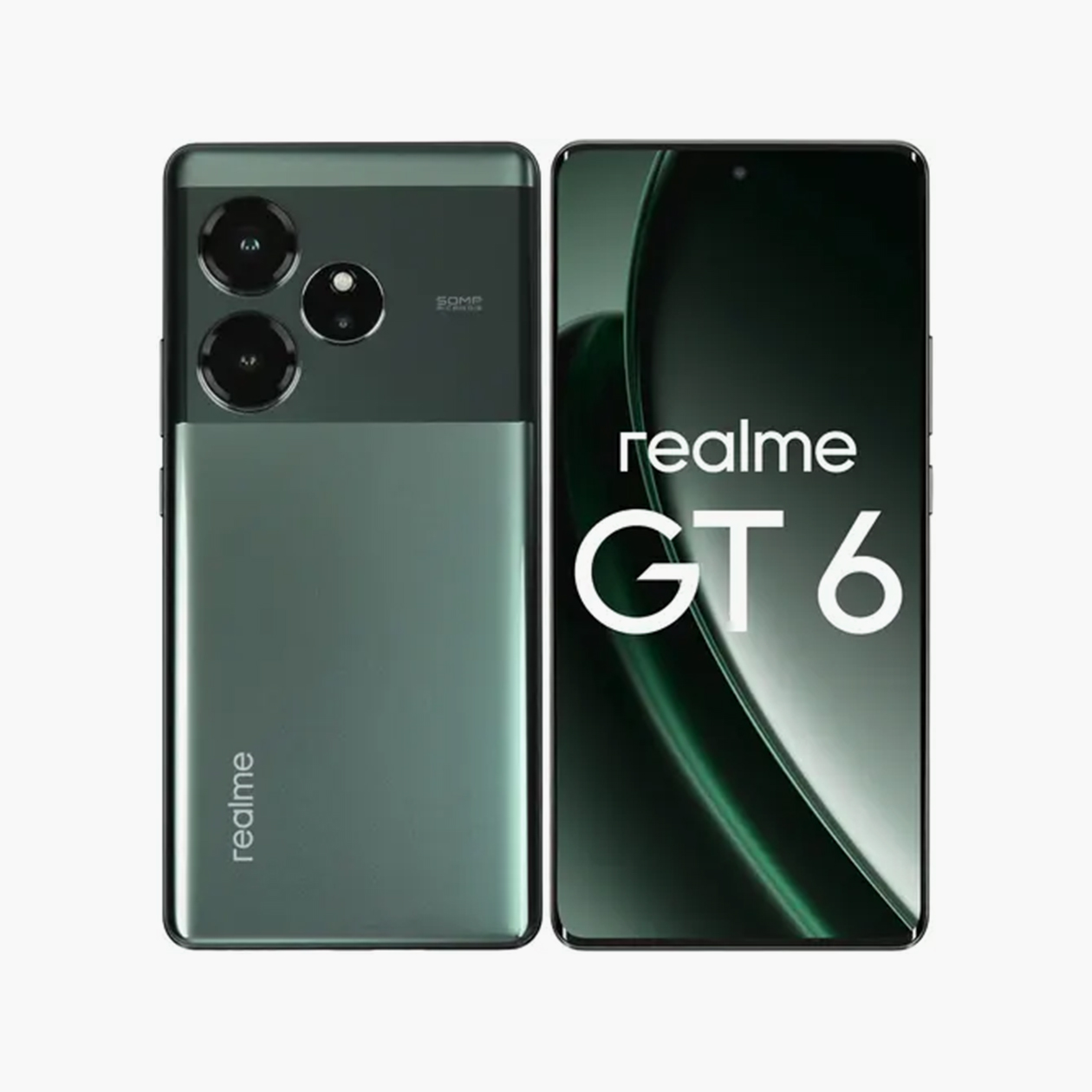 А это Realme GT 6. У него загнутый по краям экран и глянцевая «подложка» под камеру без светодиодного прямоугольника