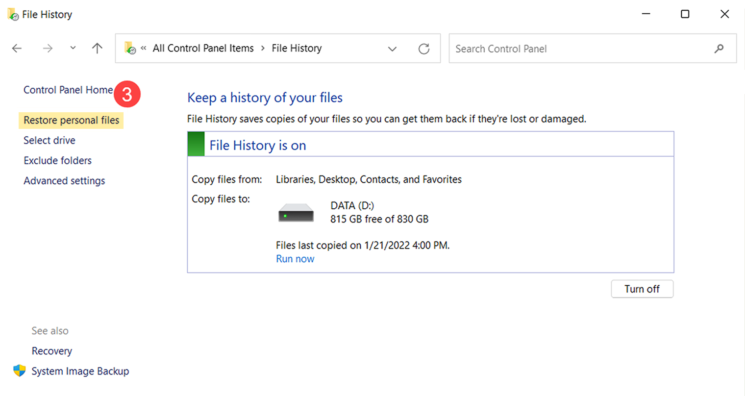 Восстановление файлов с помощью File History на Windows. Источник: asus.com