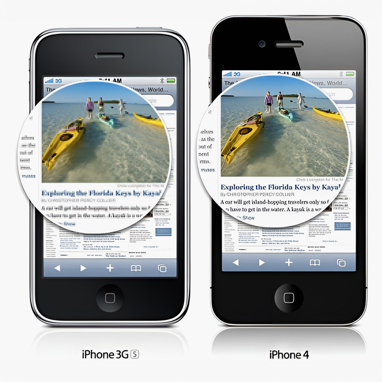 Слева — экран iPhone 3Gs без Retina c четкостью 165 ppi, справа — iPhone 4 с Retina-экраном с 330 ppi. Источник: bigmedium.com