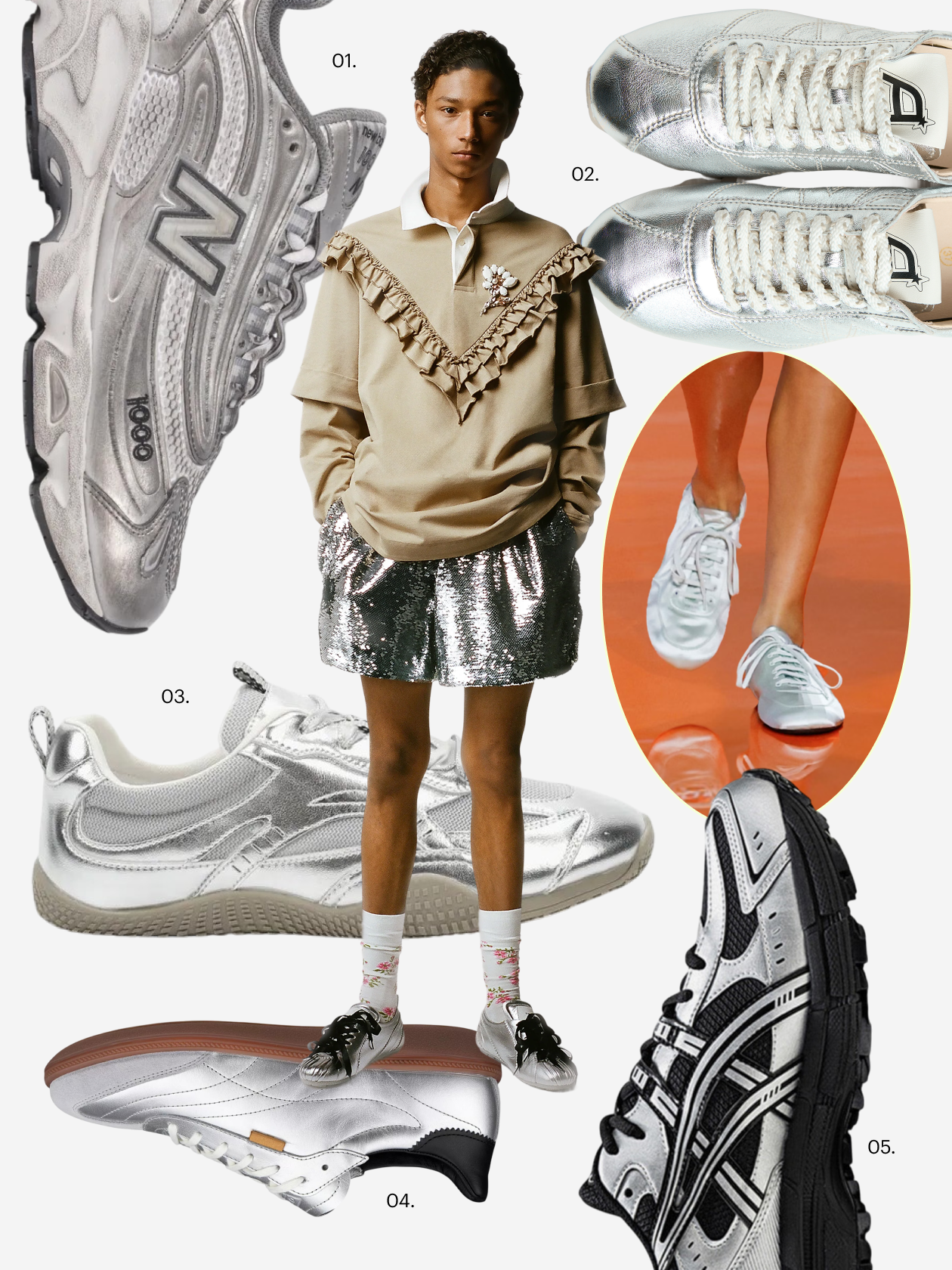 На фешен-шоу, например Simone Rocha и Prada, было много серебристых кроссовок. Что купить: 01 — кроссовки New Balance, 21 990 ₽; 02 — кроссовки Ash, 22 890 ₽; 03 — кроссовки Abricot, 6 507 ₽; 04 — кеды Ecco, 17 290 ₽; кроссовки Asics, 10 771 ₽