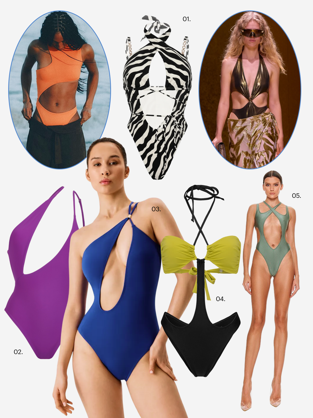 Haight и Roberto Cavalli сфокусировались на асимметрии и экстремально высоких разрезах по бокам. Что купить: 01 — купальник Incanto, 9 999 ₽; 02 — купальник Nue Nue, 9 900 ₽; 03 — купальник Infinity, 2 799 ₽; 04 — купальник Metamorfosi, 6 900 ₽; 05 — купальник Sodamoda, 1 990 ₽