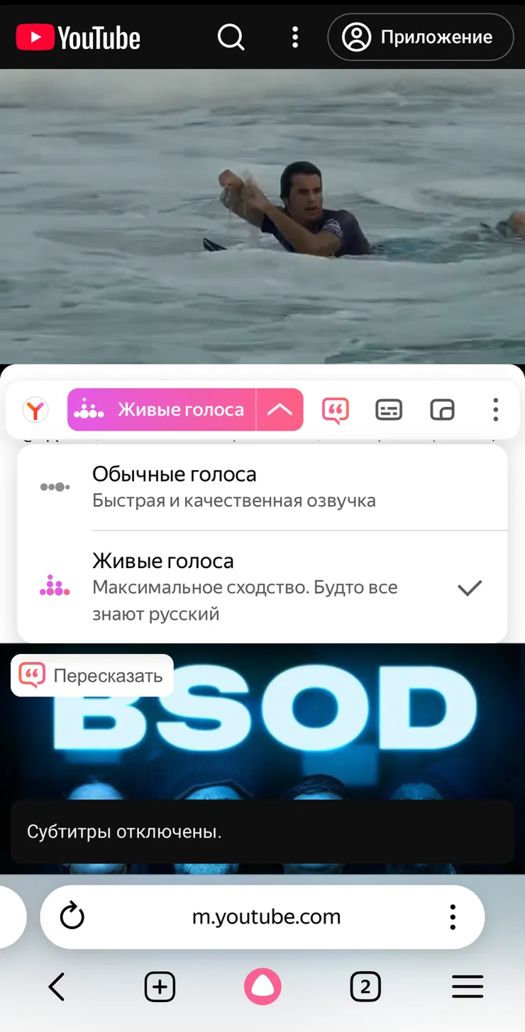 В меню кроме перевода можно выбрать языки. Доступен и пересказ — основные темы и тезисы ролика