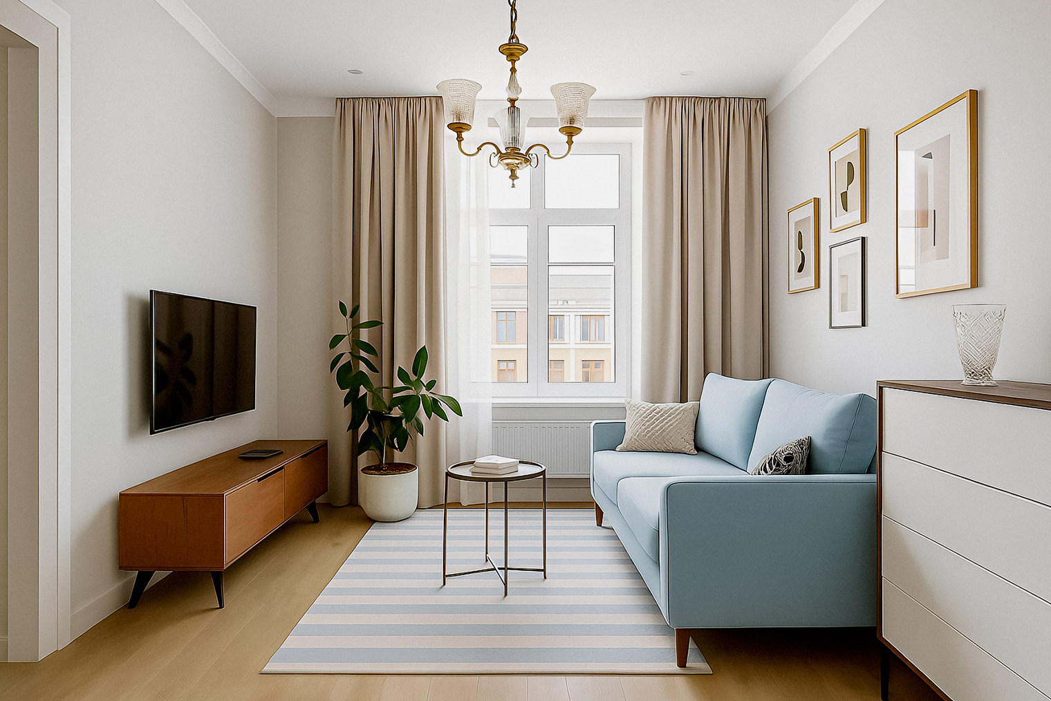 Пример интерьера гостиной с винтажной люстрой от ChatGPT. Нейросеть перекрасила фурнитуру в золотистый, но можно оставить и серебряный