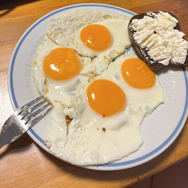 Завтракаю. Очень люблю яйца в любом виде, тем более домашние