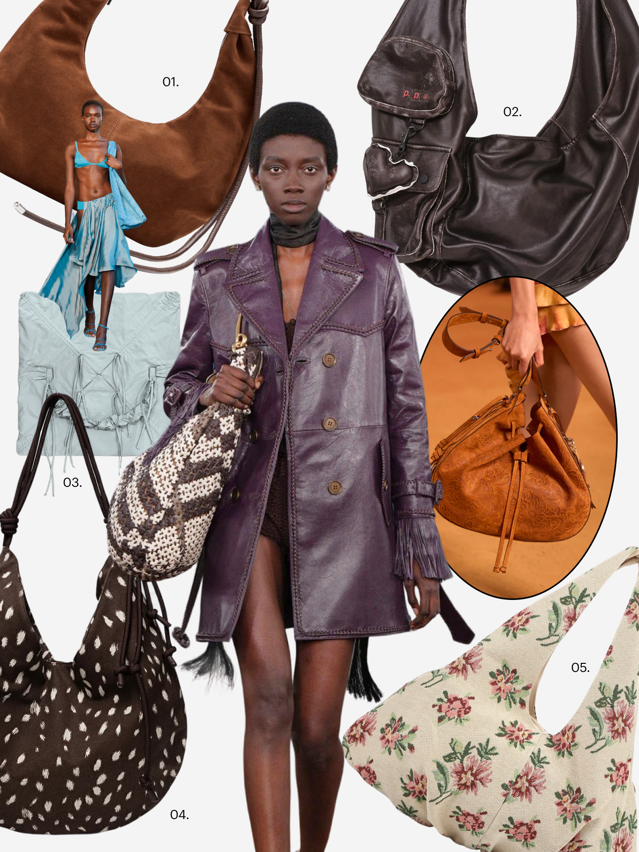 Что купить: 01 — сумка Letresor, 5 600 ₽; 02 — сумка Pps, 15 000 ₽; 03 — сумка Tho’, 6 990 ₽; 04 — сумка Marmalato, 2 199 ₽; 05 — сумка Sister Jane, 5 899 ₽