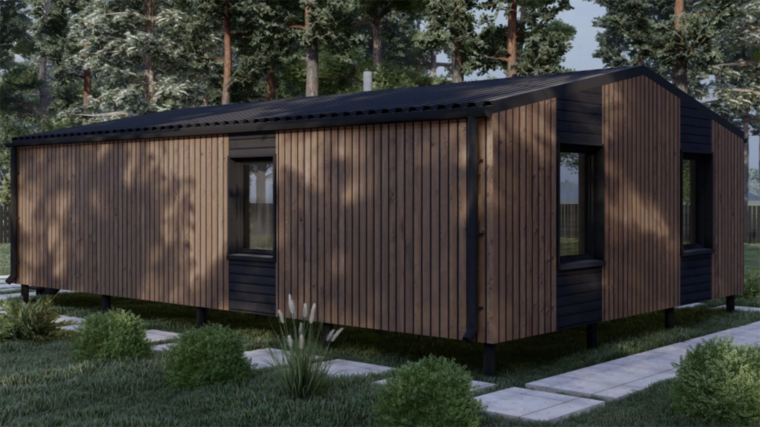 Сзади «Барн 65» действительно напоминает утилитарное строение, например гараж-мастерскую. Свесы крыши чисто символические, окна небольшие, расцветка практичная, немаркая, недорогая, но модная. Или уже не очень? © строим.дом.рф