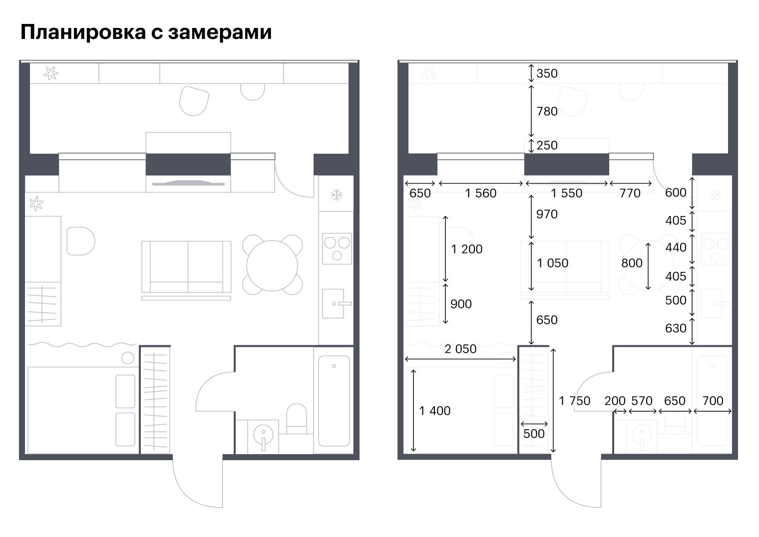 У вас получится вот такой план с замерами, на котором сразу видно, где стоит мебель и какие у нее габариты