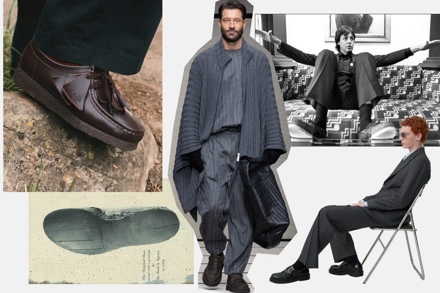 Фотографии в коллаже: Clarks, Armani, Sandro, Sperry, Michael Ward / Getty Images