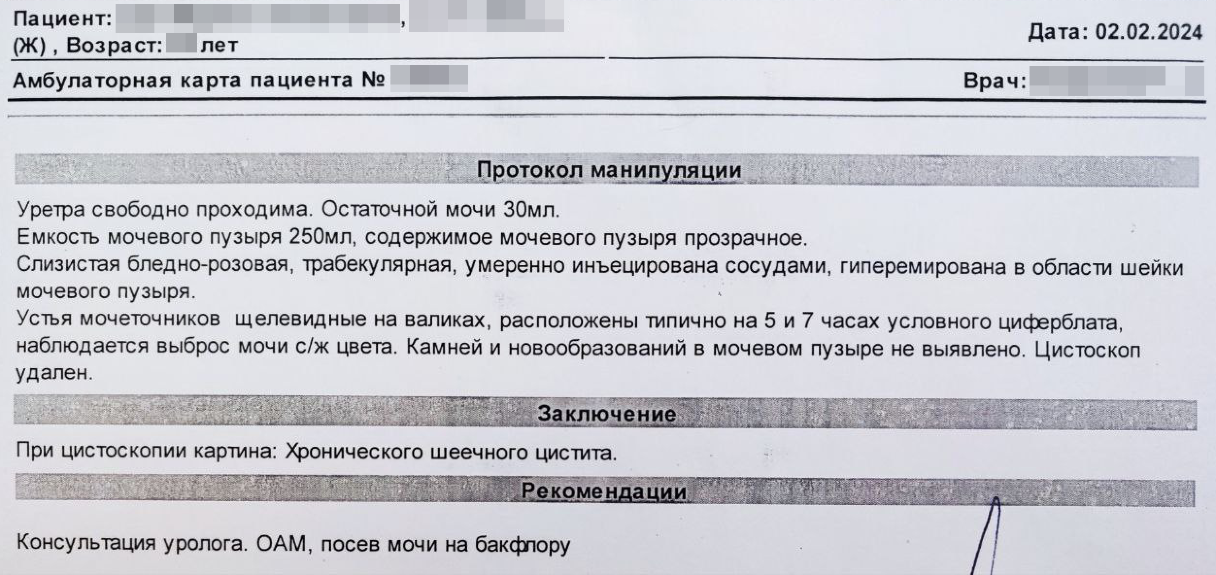 Описание, которое мне дали после цистоскопии