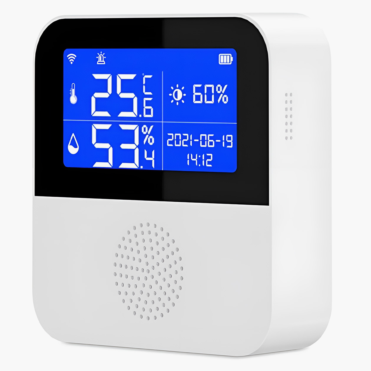 Умный датчик, который показывает температуру, влажность и освещенность. Может контролировать настройки микроклимата через «Умный дом». В комплекте есть выносной датчик для замера внешней температуры. Цена: 2787 ₽