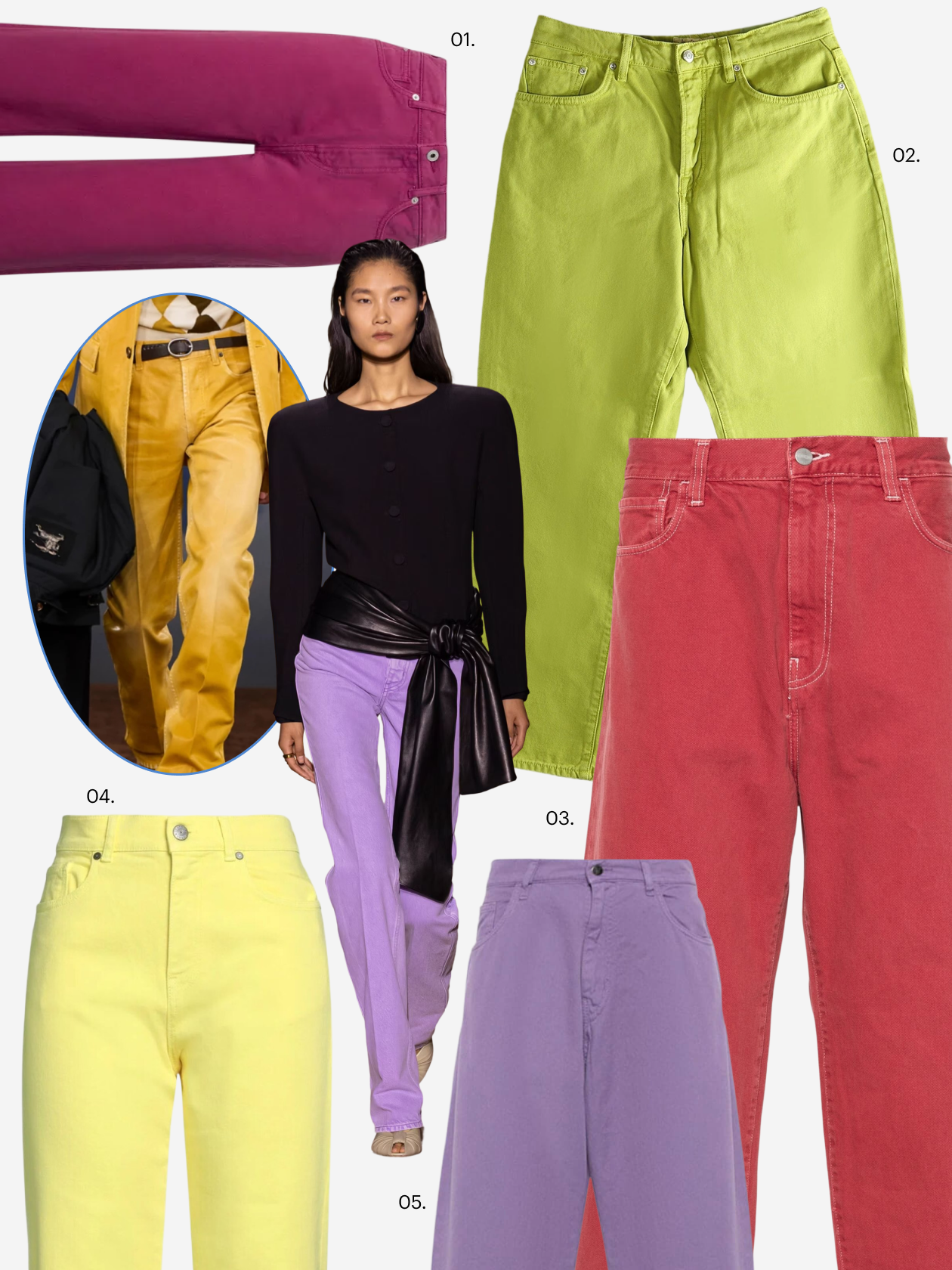 Джинсы смелых оттенков можно было заметить в коллекциях Burberry и Chloe. Что купить: 01 — джинсы Pepe Jeans, 5 624 ₽; 02 — джинсы Stussy, 16 852 ₽; 03 — джинсы Carhartt Wip, 15 596 ₽; 04 — джинсы Parosh, 8 350 ₽; 05 — джинсы Societe Anonyme, 23 730 ₽