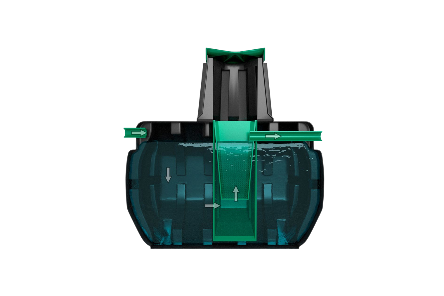 Септик-отстойник в разрезе. Внутри несколько камер, в которых тяжелые частицы оседают и перерабатываются бактериями, а осветленные стоки уходят дальше в грунт. © biofor.info