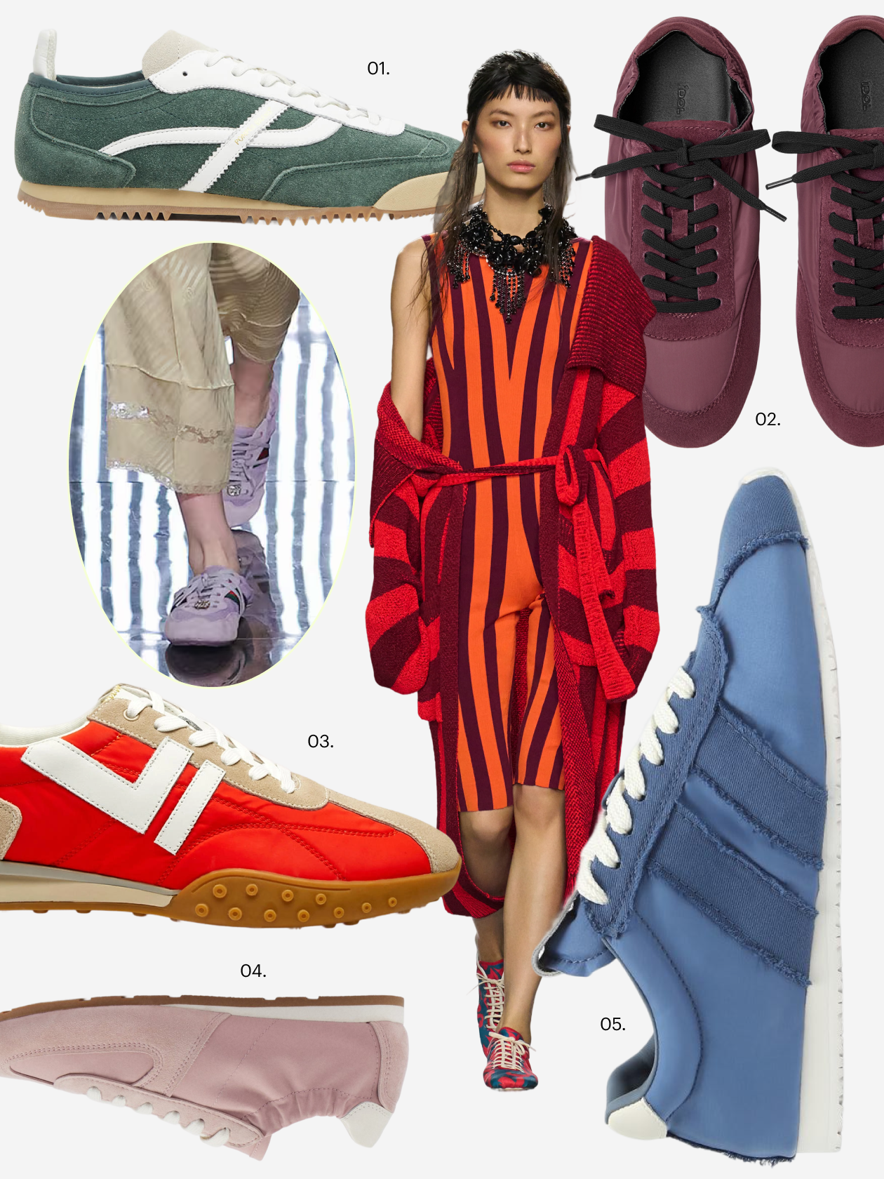 Gucci и Dries Van Noten показали, что ретрокроссовки уместно смотрятся с романтичными платьями. Что купить: 01 — кроссовки Pompeii, 18 500 ₽; 02 — кроссовки Idol, 9 999 ₽; 03 — кроссовки Lite by Mascotte, 3 490 ₽; 04 — кроссовки Lime, 9 999 ₽; 05 — кроссовки Principe di Bologna, 19 990 ₽