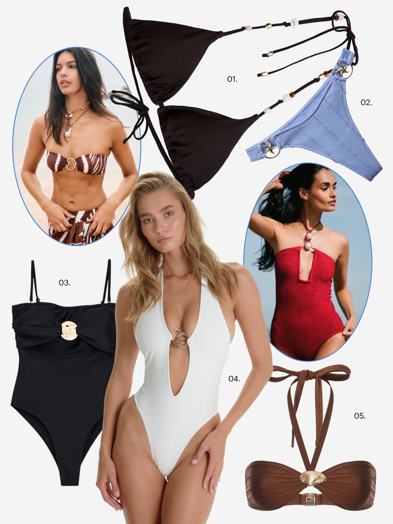 Дизайнеры Seafolly Australia и Paramidonna не ограничивали себя в декоре. Что купить: 01 — лиф Gloria Jeans, 1 199 ₽; 02 — плавки Befree, 1 599 ₽; 03 — купальник Zarina, 2 999 ₽; 04 — купальник Nikyou, 9 800 ₽; 05 — лиф Lavarice, 5 200 ₽