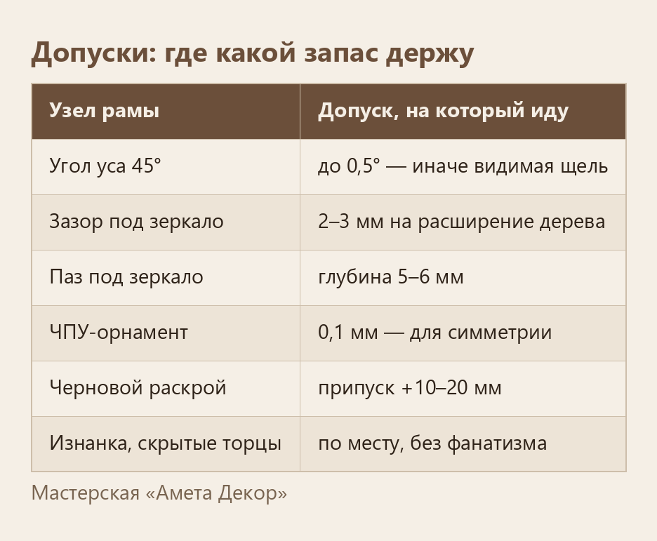 Допуски по узлам рамы: ус 45°, зазор зеркала 2–3 мм, паз 5–6 мм, ЧПУ 0,1 мм