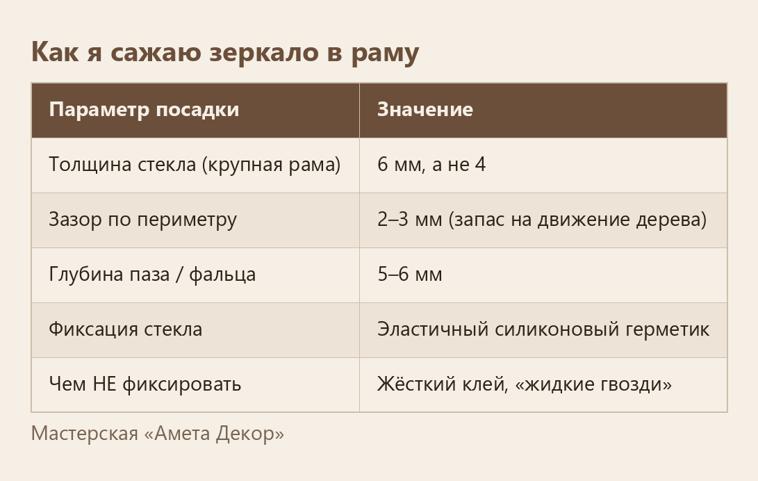 Параметры посадки зеркала: толщина 6 мм, зазор 2–3 мм, паз 5–6 мм, силикон