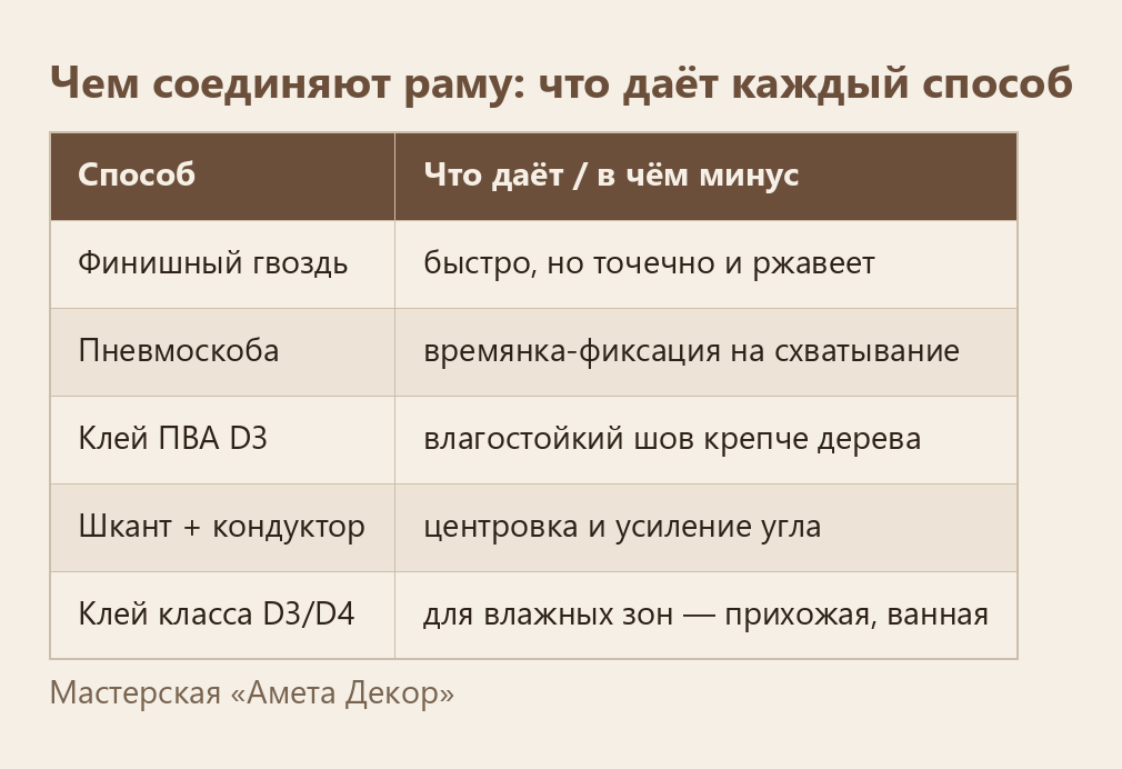 Способы соединения рамы: гвоздь, скоба, ПВА D3, шкант, влагостойкий клей