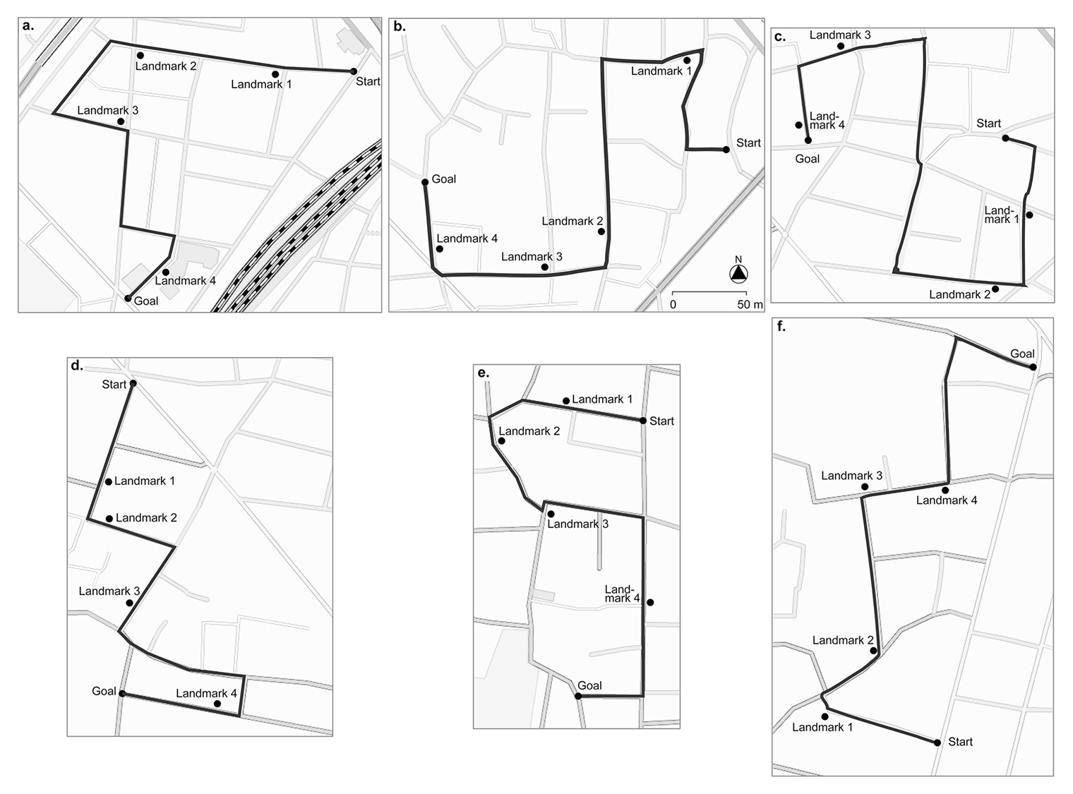 Маршруты, по которым перемещались участники эксперимента. Из начальной точки в конечную можно было пройти намного проще, но ученые специально строили для испытуемых путь с несколькими поворотами. Точками обозначены объекты, которые предполагалось использовать как ориентиры. Источник: cognitiveresearchjournal.springeropen.com