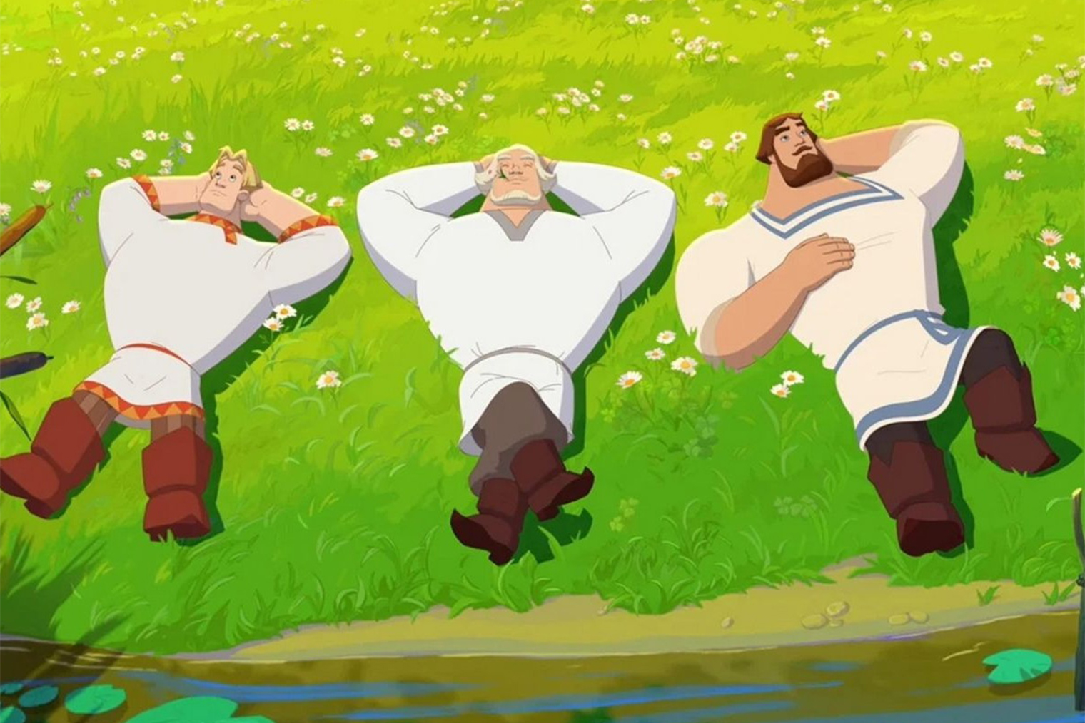 Богатыри расслабляются в отпуске. Но отдыхать осталось недолго — скоро придется работать на благосостояние жен и разгонять тучи