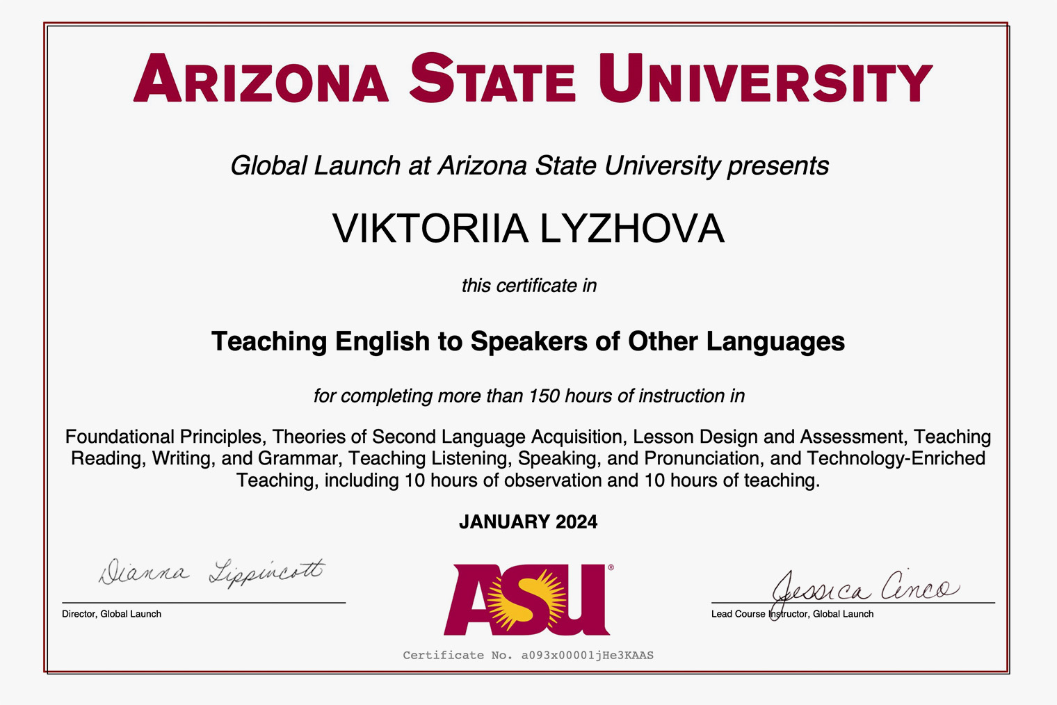 Это мой сертификат TESOL от университета Аризоны. Я получила его бесплатно на сайте Coursera. Для этого отправила в университет мотивационное письмо на английском: написала, почему заслуживаю бюджетное место. Мне открыли доступ, и за три месяца я прошла программу из восьми курсов