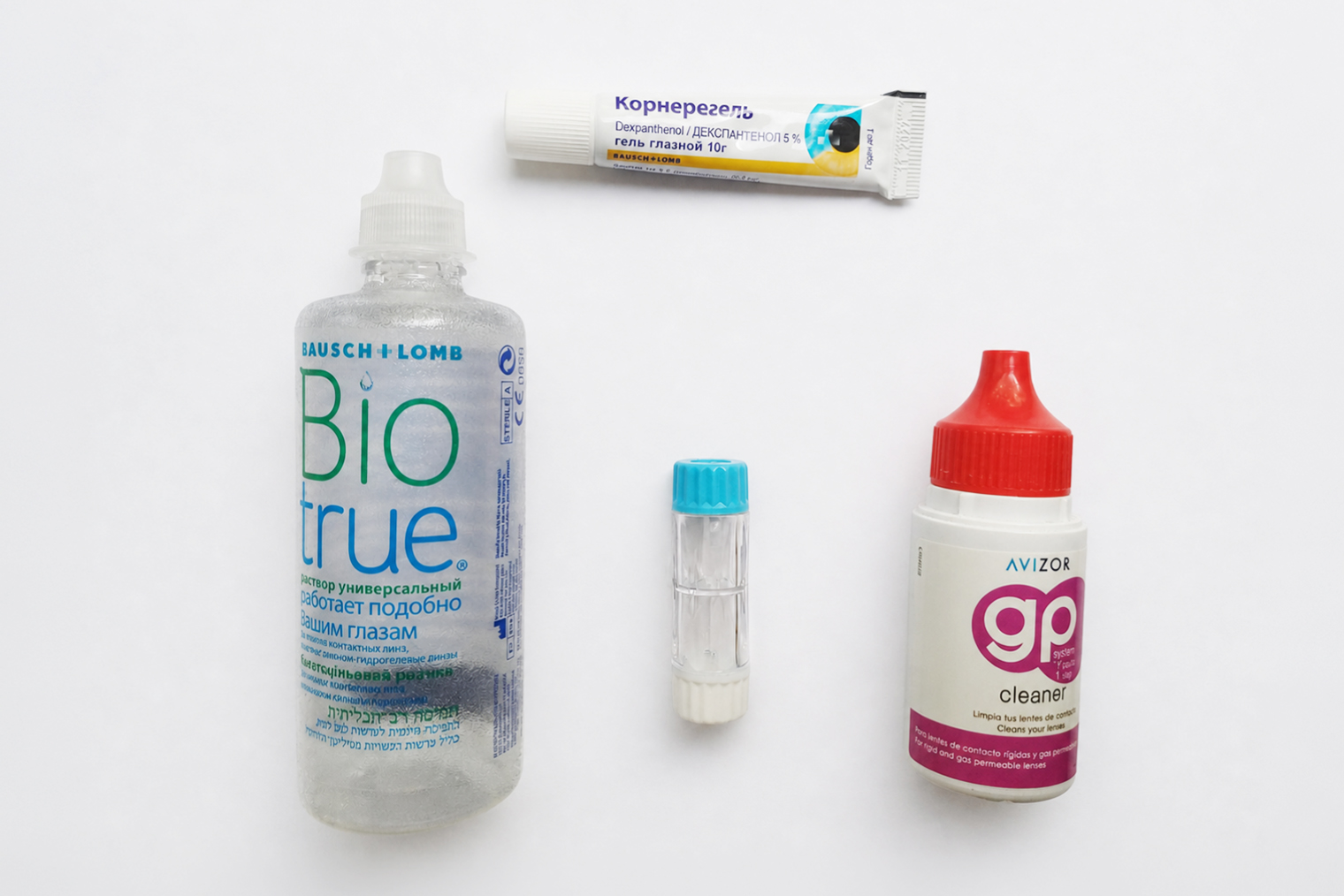 Так выглядят растворы GP Cleaner от Avizor и Biotrue от Bausch+Lomb для глубокой чистки линз и «Корнерегель», который я использую для ускорения заживления роговицы