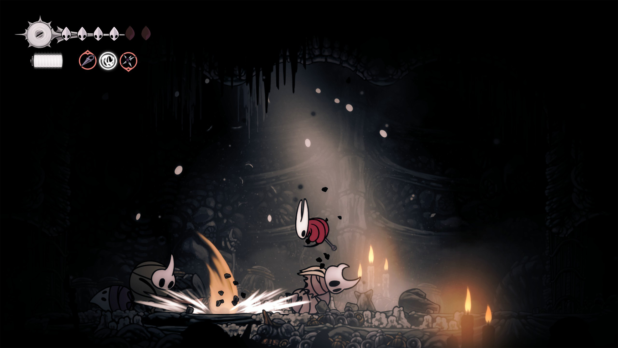 Особенно сложны битвы в маленьких комнатах, где Хорнет противостоит нескольким волнам противников