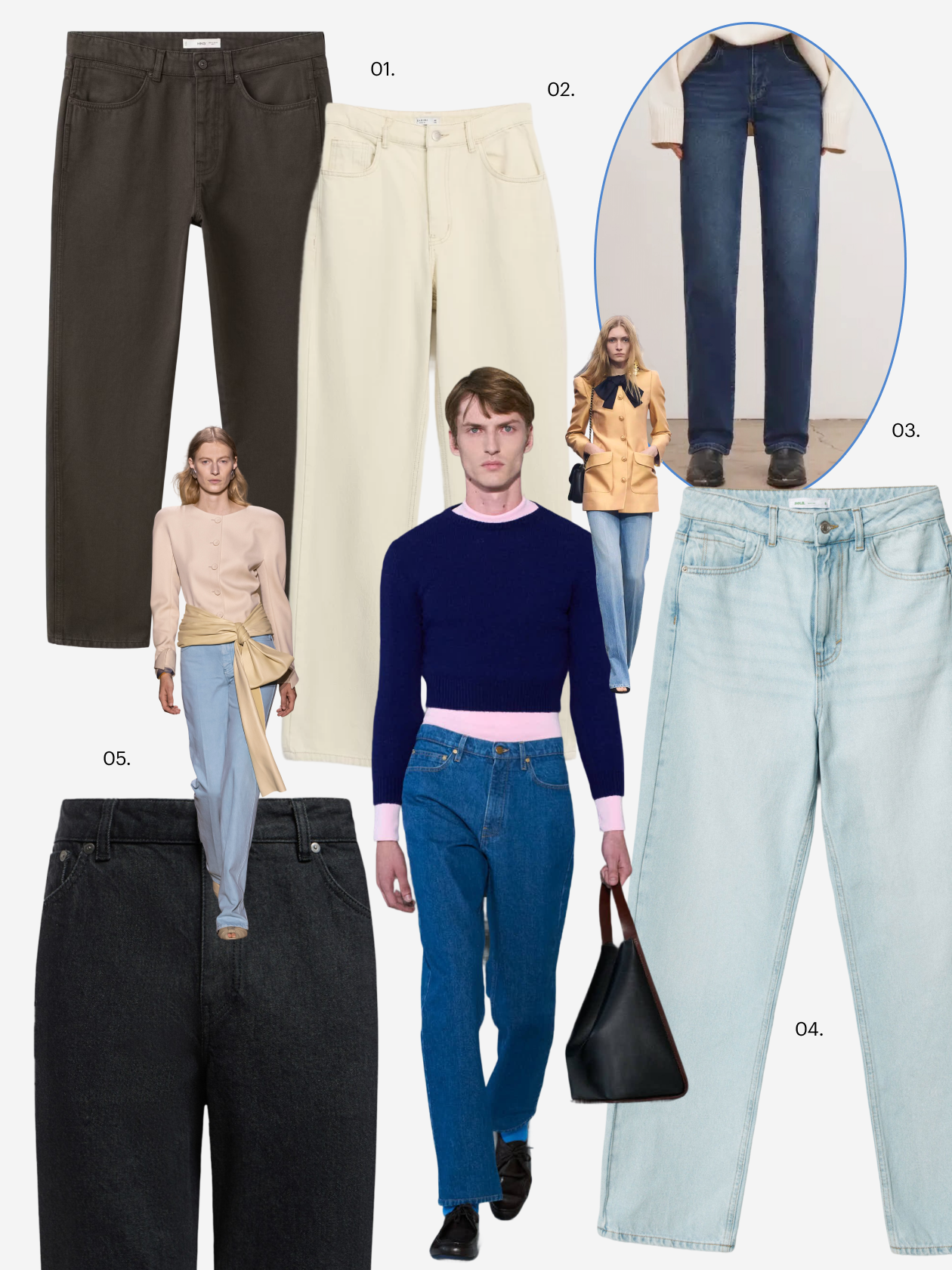 Дизайнеры Chloe, Jil Sander, Valentino сосредоточились на синих и голубых прямых джинсах. Что купить: 01 — джинсы Mango, 4 079 ₽; 02 — джинсы Zarina, 2 999 ₽; 03 — джинсы Blcv, 14 900 ₽; 04 — джинсы Sela, 3 599 ₽; 05 — джинсы 12 Storeez, 9 800 ₽