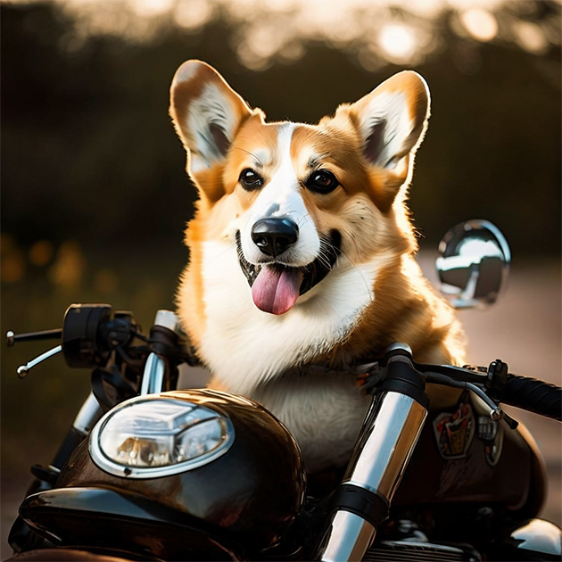 Корги на мотоцикле, портретное фото