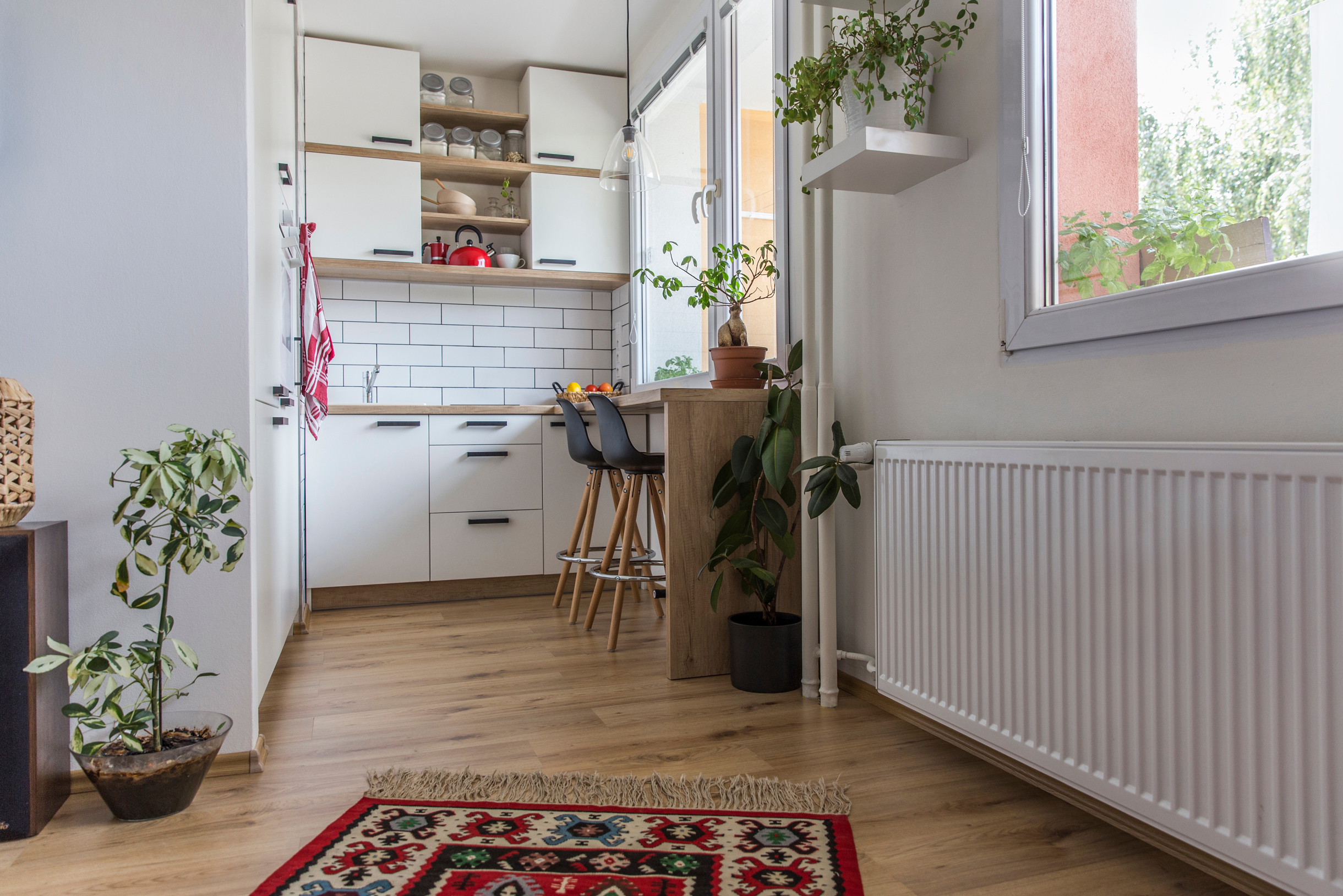 Бохо⁠-⁠кухня тоже хорошо впишется в маленькие пространства. Дополняйте ее яркими деталями и растениями в горшках. Фотография: Michaela Komi / Shutterstock / FOTODOM