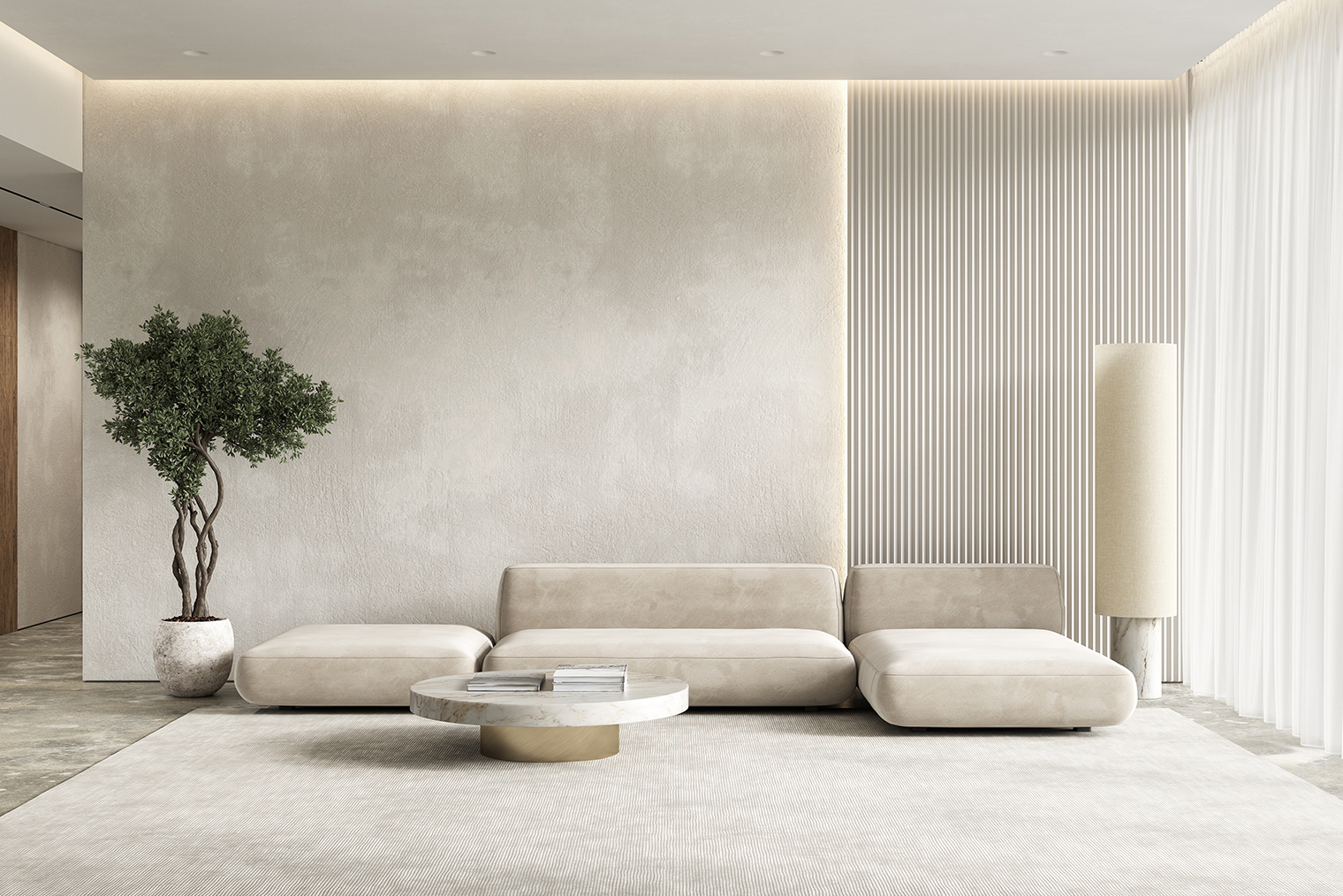 Эффект мягкости в минимализм привносят округлые мебель, столик, светильник. Облачная текстура прослеживается на ковре и стенах — они бархатистые, приглушенные и мечтательные. Даже растение подобрано в форме облака. Фотография: YKvisual / Shutterstock / FOTODOM