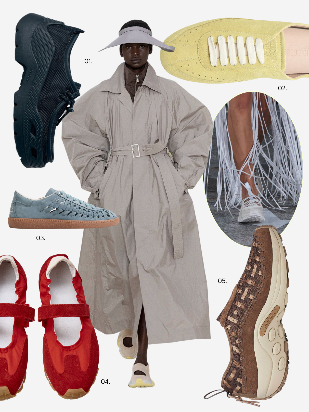 Стилисты Issey Miyake и Jane Wade предлагают сочетать гибридные кроссовки с классическими тренчами и платьями. Что купить: 01 — кроссовки Crocs, 11 978 ₽; 02 — кроссовки Candice Cooper, 29 990 ₽; 03 — кеды Bronx, 15 690 ₽; 04 — сникерины Sela, 4 999 ₽; 05 — кроссовки Merrell, 19 740 ₽