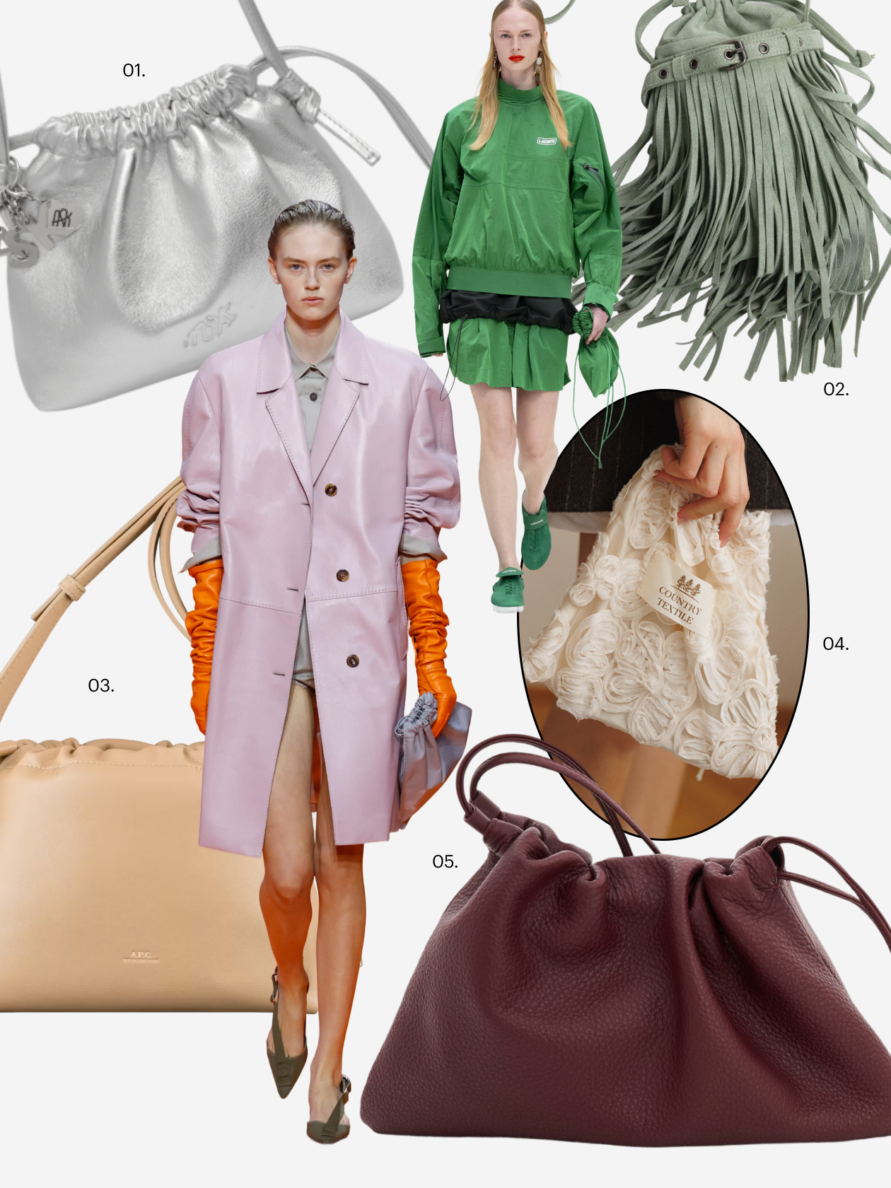 Что купить: 01 — сумка Ask Studio, 15 900 ₽; 02 — сумка Befree, 2 299 ₽; 03 — сумка Apc, 32 990 ₽; 04 — сумка Country Textile, 3 900 ₽; 05 — сумка Bags and the City, 6 300 ₽