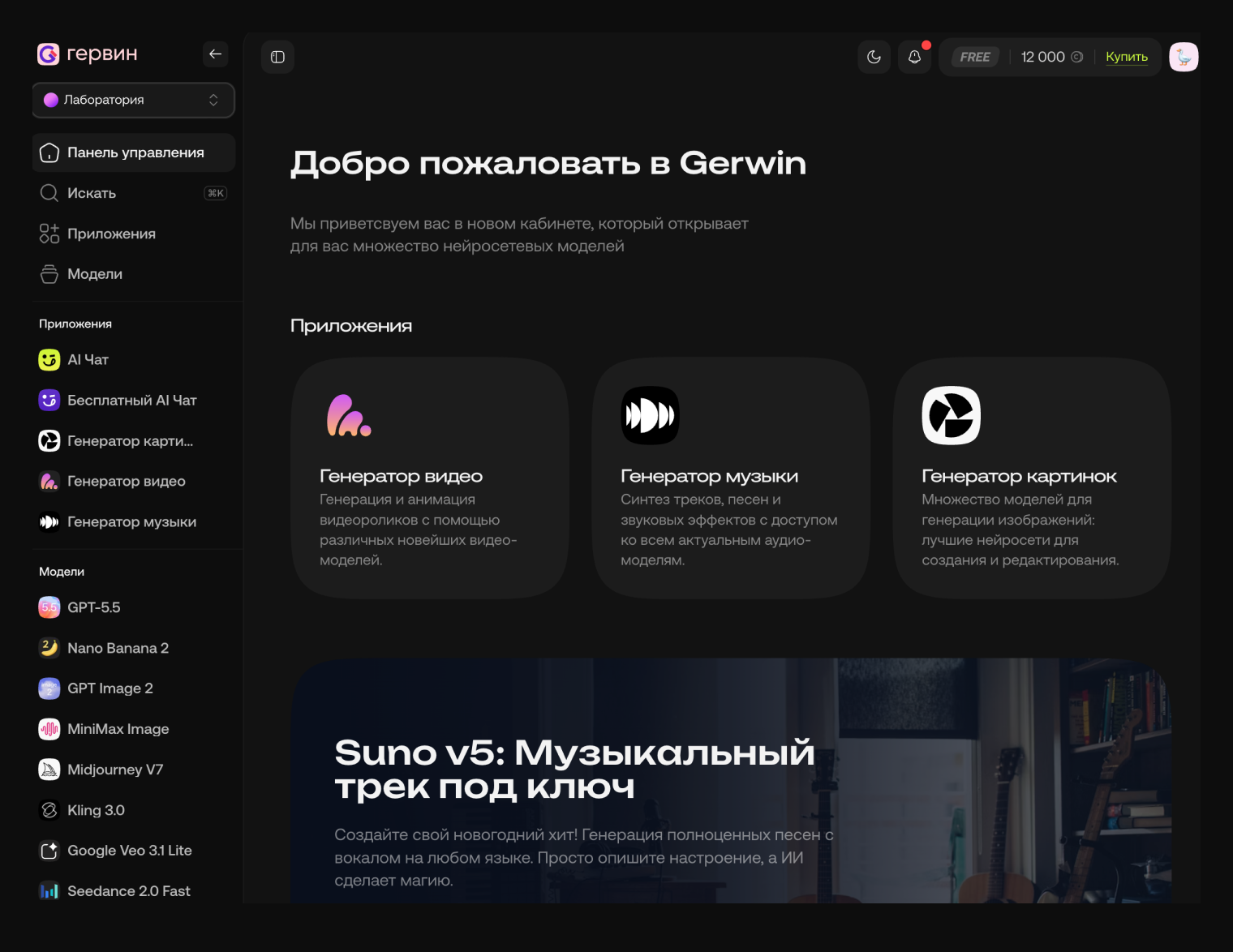 В боковом меню чаты делятся по типу контента и модели