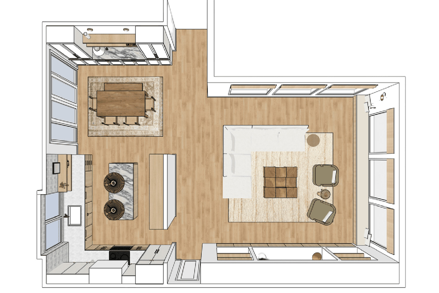 Пример визуализации интерьера в программе SketchUp. Такой подход помогает более полно оценить расстановку и объемы мебели. © theinteriorresource.com
